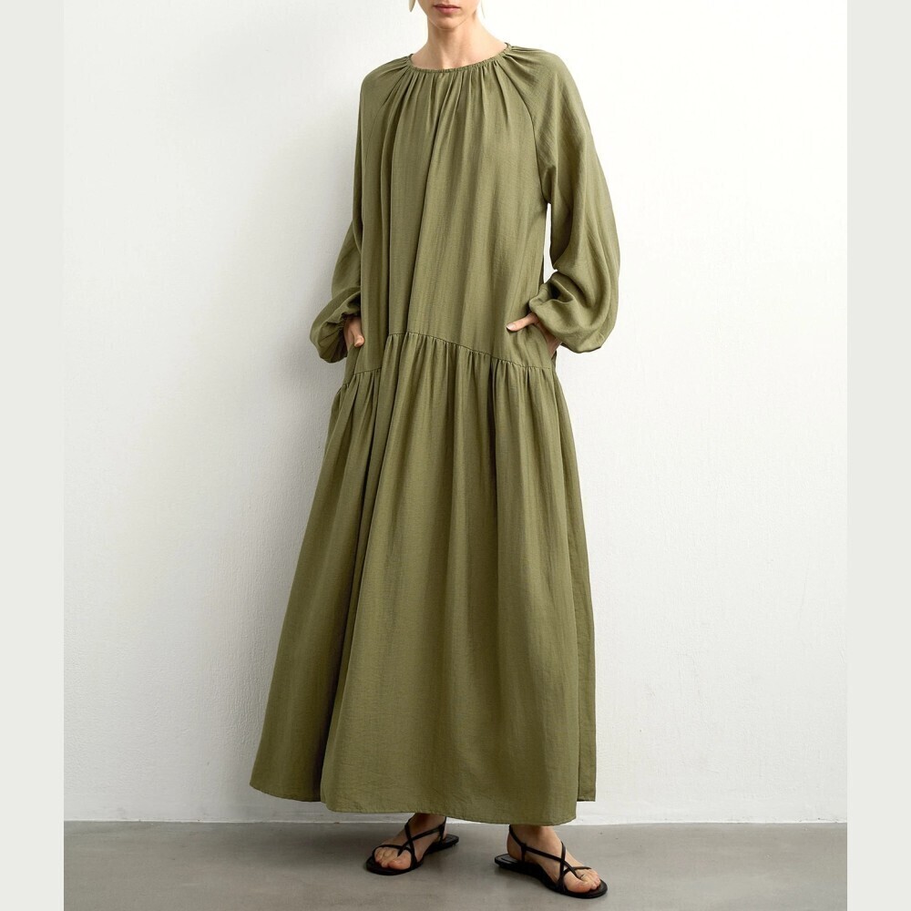Olive Green Gathered Round Neck Balloon Sleeve Tiered Babydoll Maxi Dress